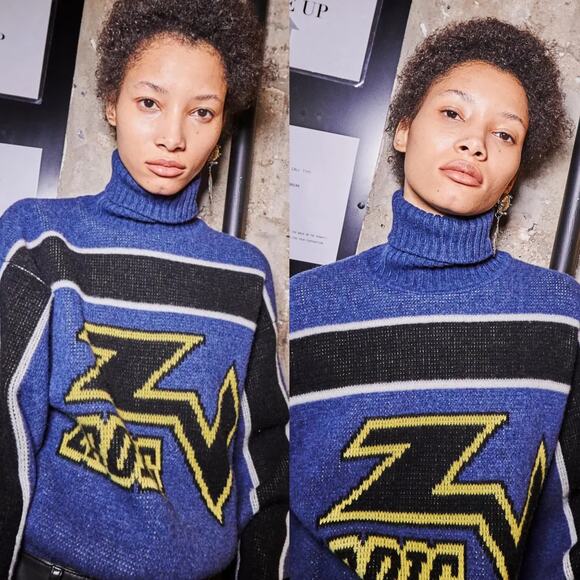 Zadig & Voltaire Défilé Roy Biker Logo Ocean Blue Jacquard Wool Cashmere Sweater - Picture 4 of 13